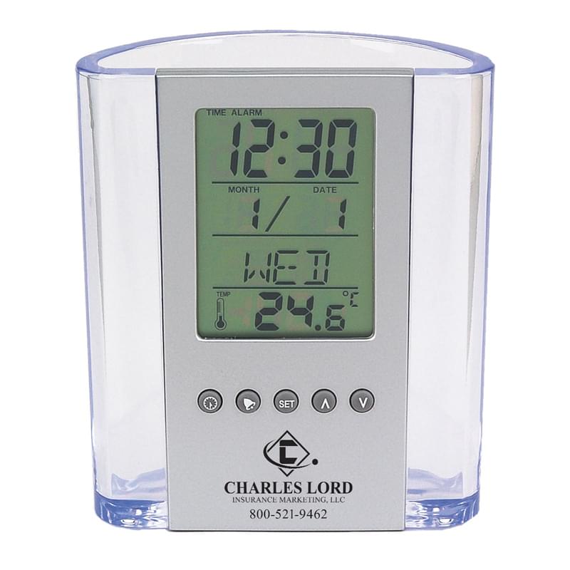 Clear Pen Cup with Digital Alarm Clock & Thermometer